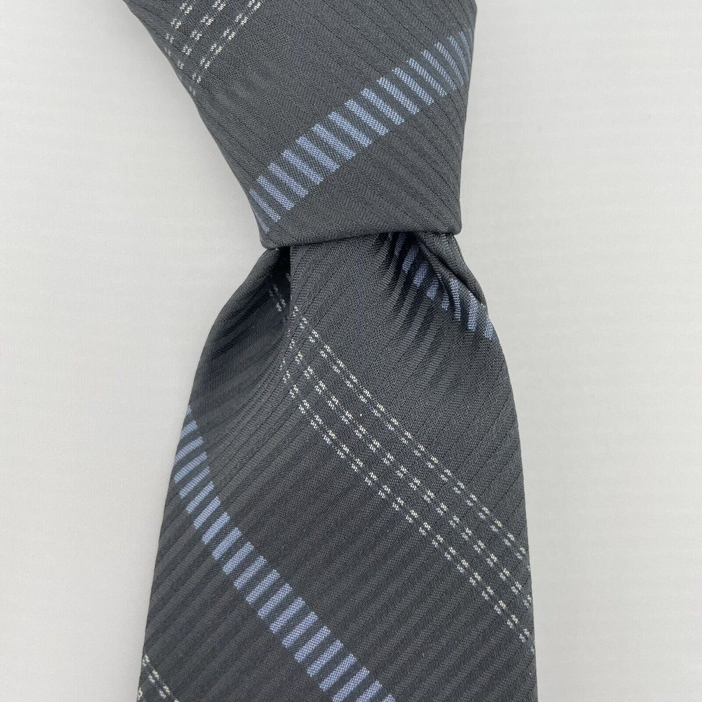 DKNY Men's 100% Silk Designer Necktie USA Gray/Blue Striped 59" EUC‎